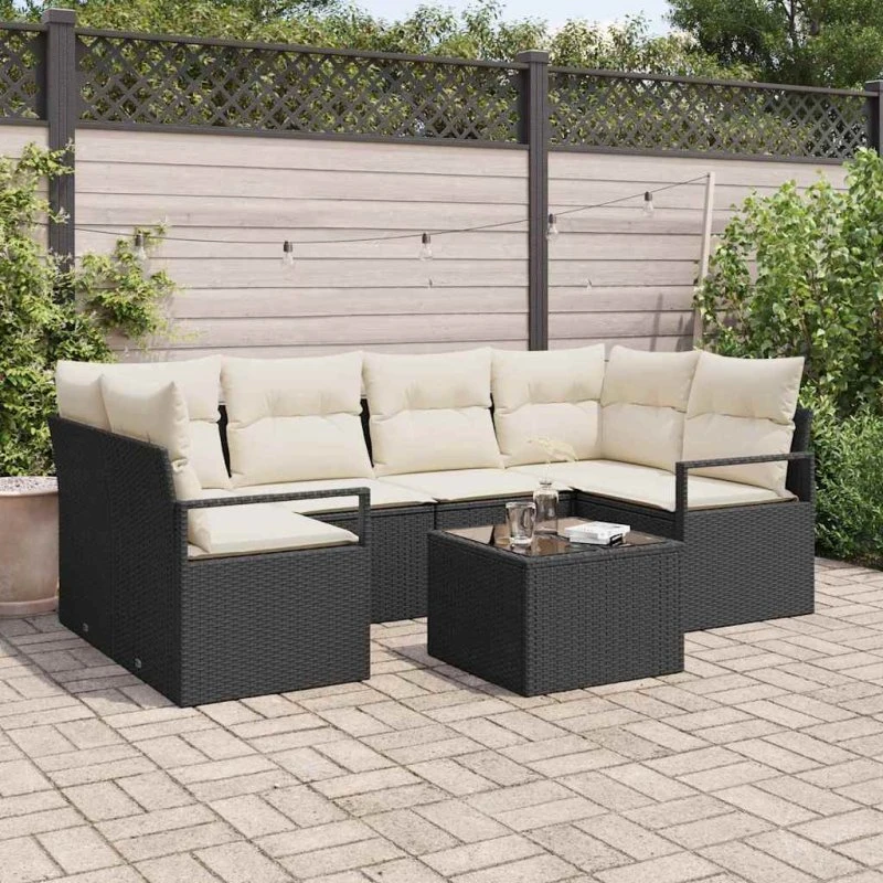 vidaXL Havesofa Sæt 7 stk Sort og Cream Polyrattan & Stål