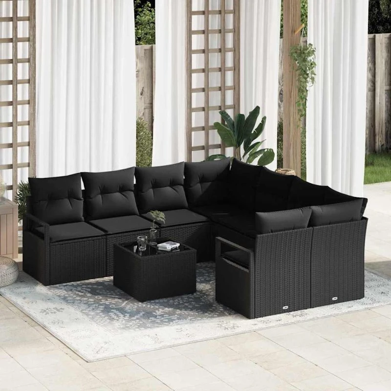vidaXL Havemøbel Sæt 9 pc med Opbevaring, Sort Poly Rattan