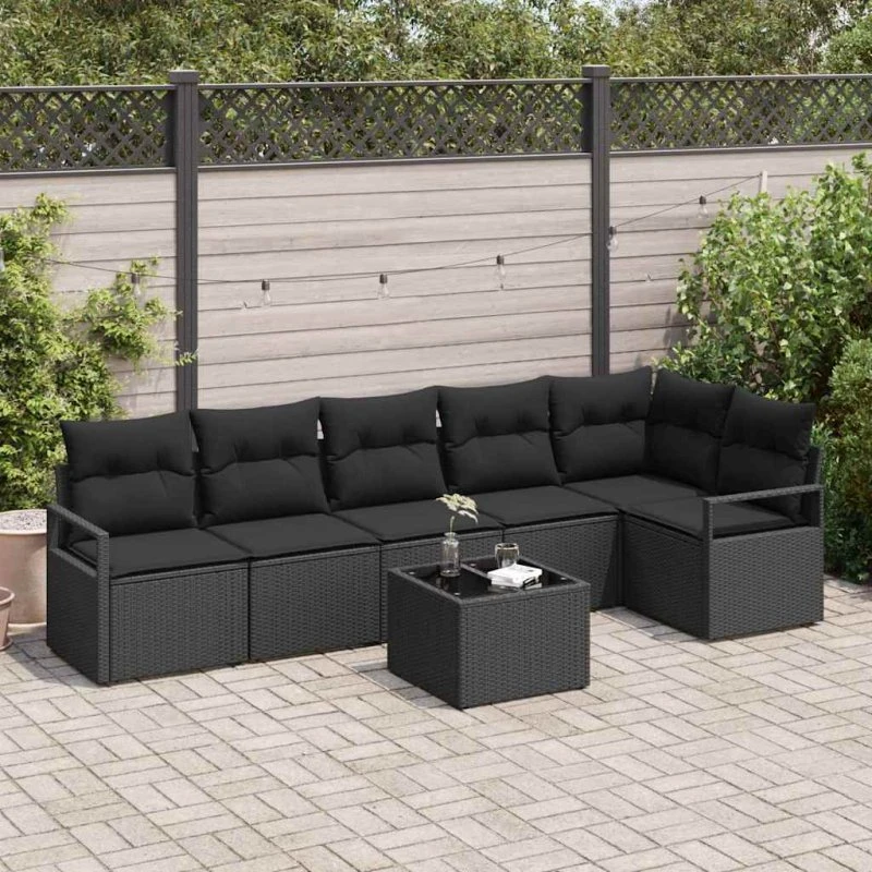 vidaXL Havesofa Sæt 7 stk Sort Poly Rattan med Opbevaring