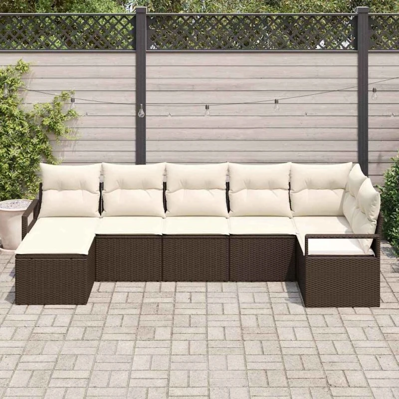 vidaXL 7-delssæt Havesofa med opbevaring, Brun og Creme, Poly rattan