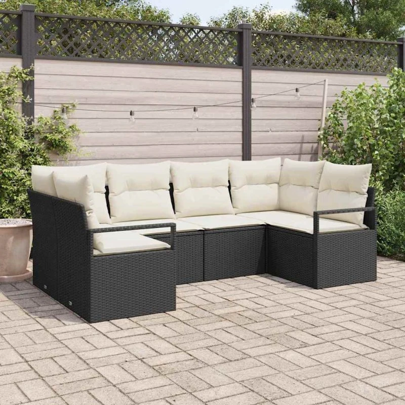 vidaXL Havesofa Sæt 6-pc Sort/Hvid PolyRattan med Pude