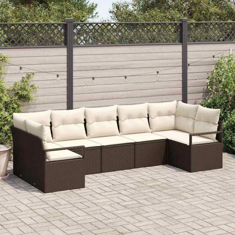 vidaXL Havesofa Sæt 7 pc Brun/Hvid med Pude og Opbevaring