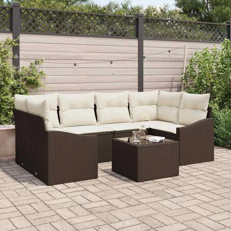 vidaXL 7-delssæt Havemøbler Brun/Creme Polyrattan med Opbevaring