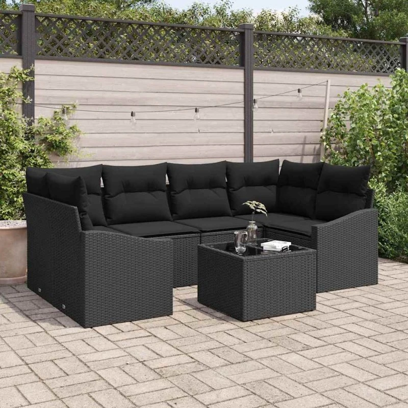 vidaXL Havesofa Sæt 7-del, Sort PolyRattan med Opbevaring