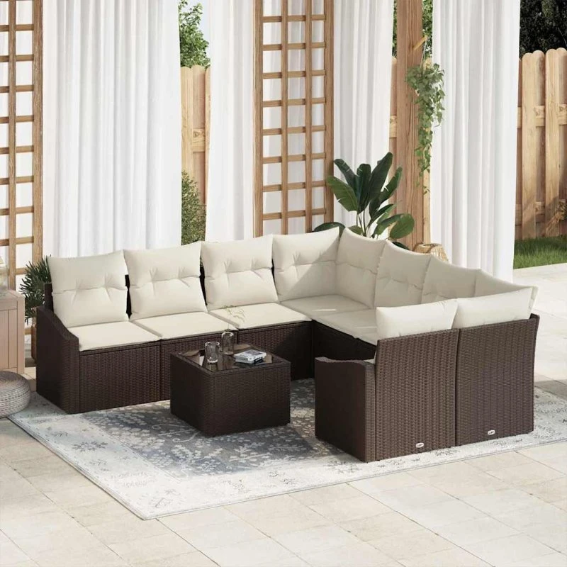 vidaXL Havesofa Sæt 9 del, Brun/Creme, med opbevaring, polyrattan