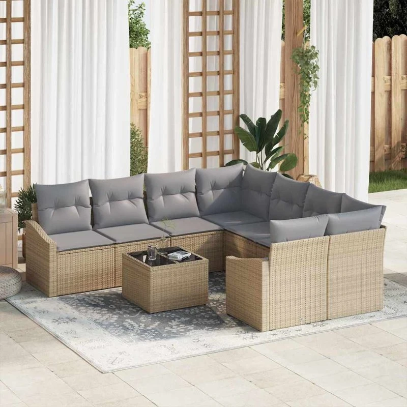 vidaXL Havesofa Sæt 9 deler Beige og Grå Poly Rattan med Pude