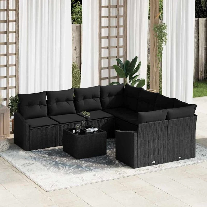 vidaXL Havesofa Sæt 9-del, Sort Poly Rattan med Opbevaring