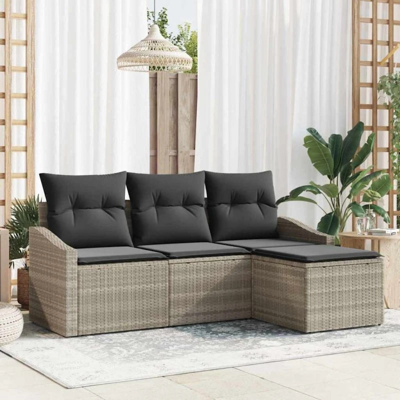 vidaXL Havesofa Sæt 4-pc Lysegrå Poly Rattan med Opbevaring
