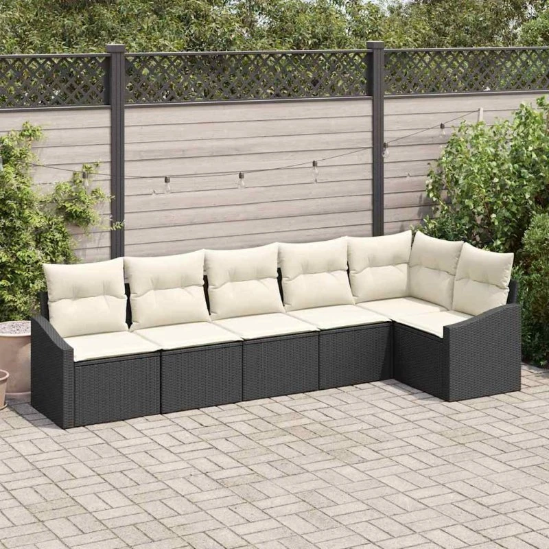 vidaXL Havesofa Sæt 6-pc Sort/Hvid Poly Rattan med Pude og Opbevaring