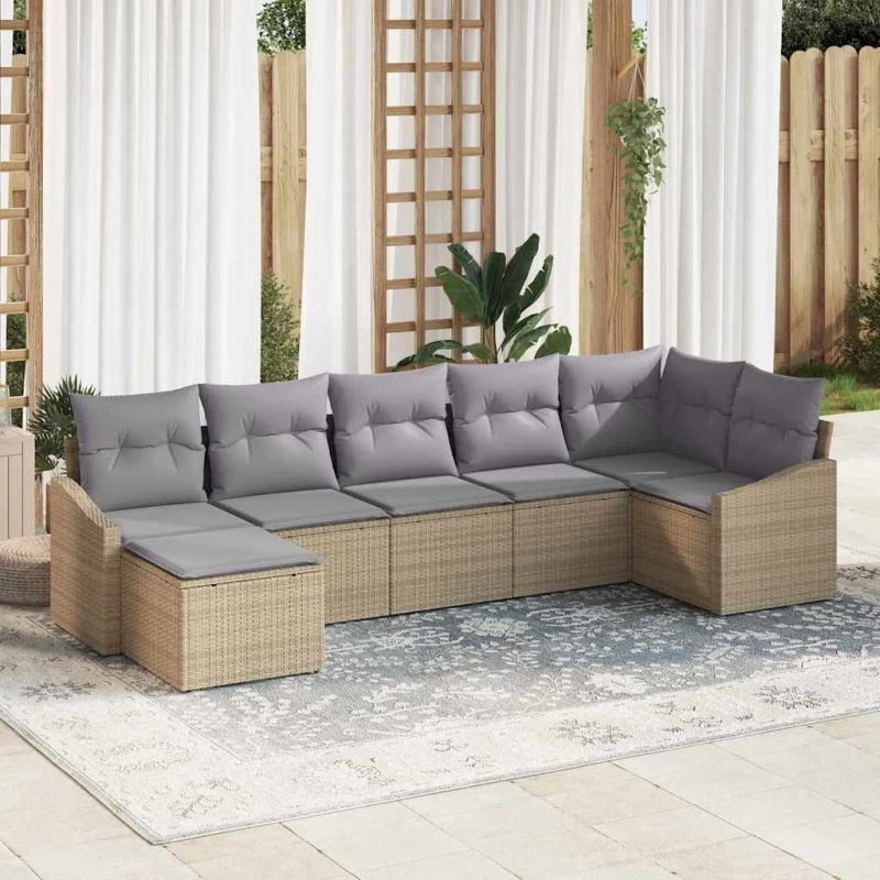 vidaXL Havesofa Sæt 7 pcs Beige/Lys Grå Poly Rattan