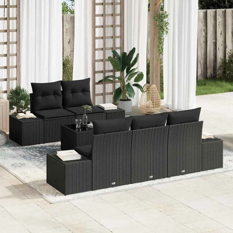 vidaXL Havesofa Sæt 6 stk med opbevaring, Sort polyrattan