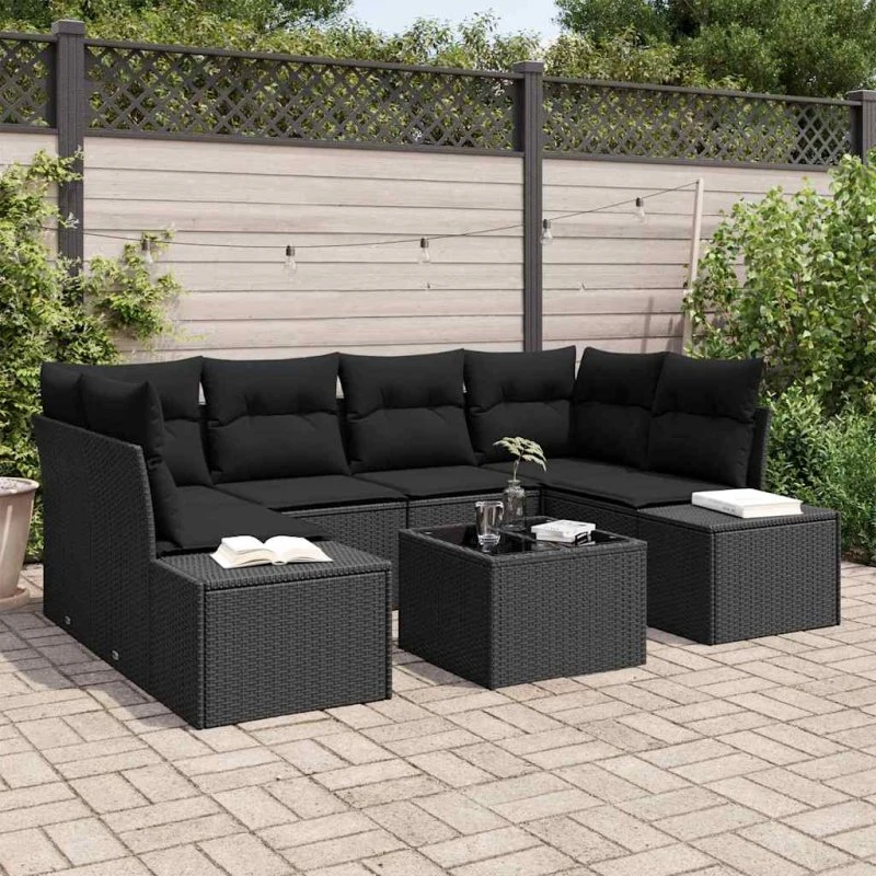 vidaXL Havesofa Sæt 8 stk med opbevaring, Sort polyrattan