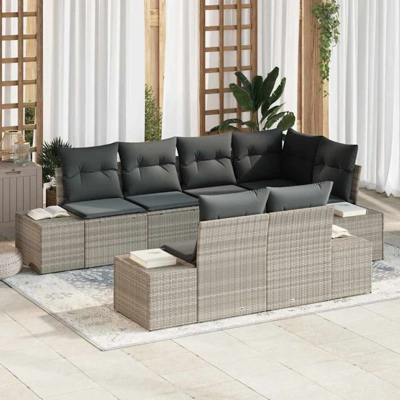 vidaXL Havesofa Sæt 7 pcs Lysegrå Poly Rattan med Opbevaring