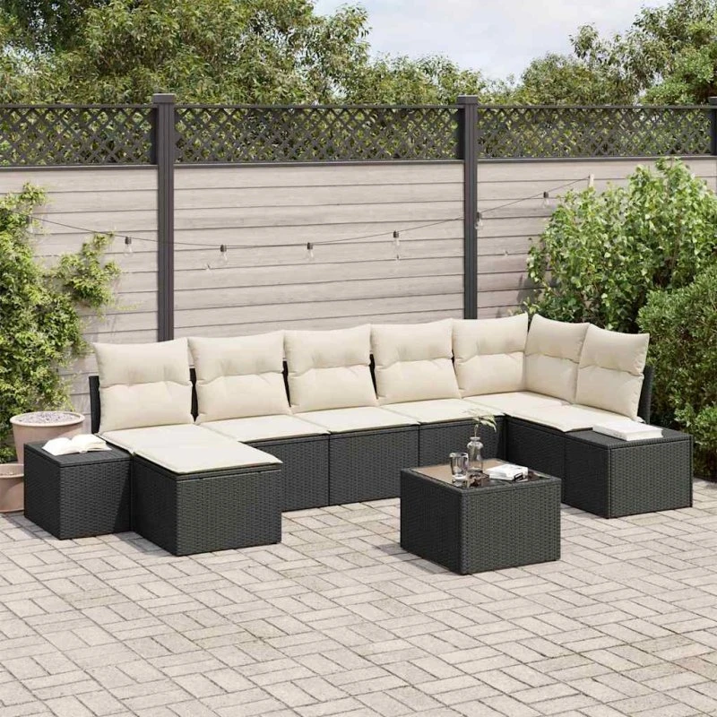 vidaXL Havesofa Sæt 7 stk med pude og opbevaring, Sort polyrattan