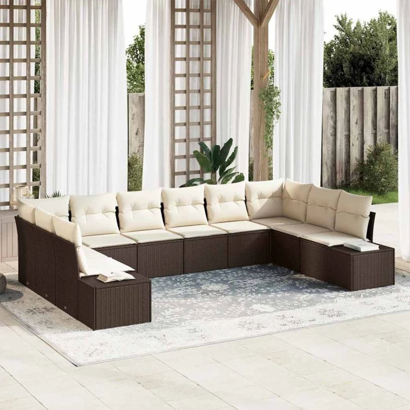 vidaXL Havesofa Sæt 10 stk Brun/Creme PolyRattan & Akacietræ