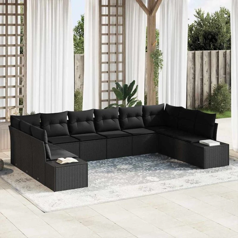 vidaXL Havesofa Sæt 10-puds Sort Poly rattan
