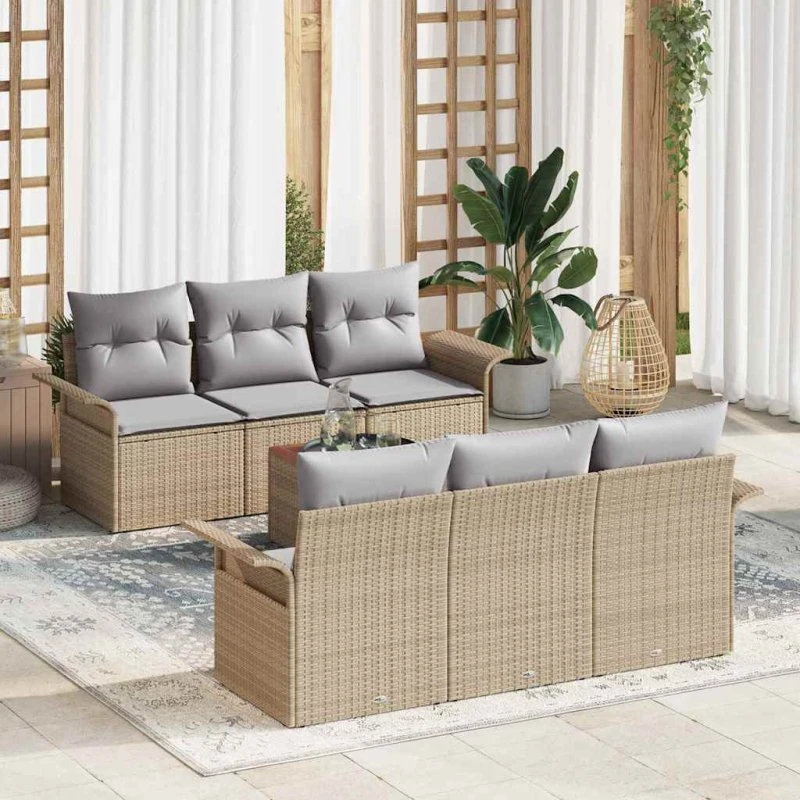 vidaXL Havesofa Sæt 7 pcs Beige/Lys Grå Poly Rattan med Opbevaring