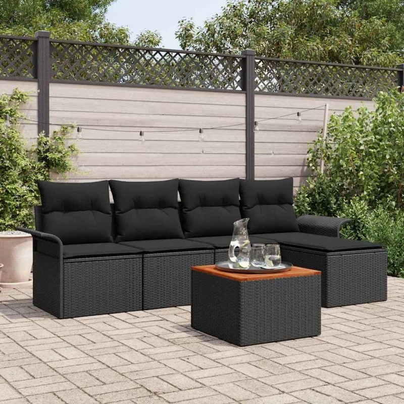 vidaXL Havesofa Sæt 6 stk Sort Polyrattan med opbevaring
