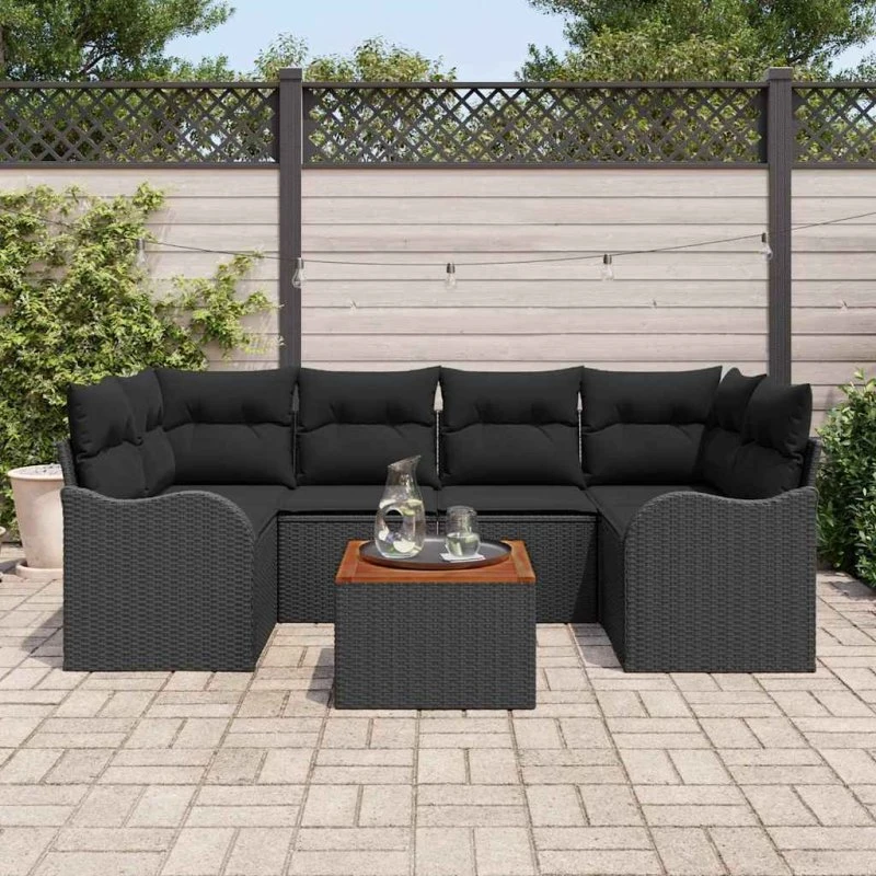 vidaXL Havesofa Sæt 7 pc Sort polyrattan med opbevaring