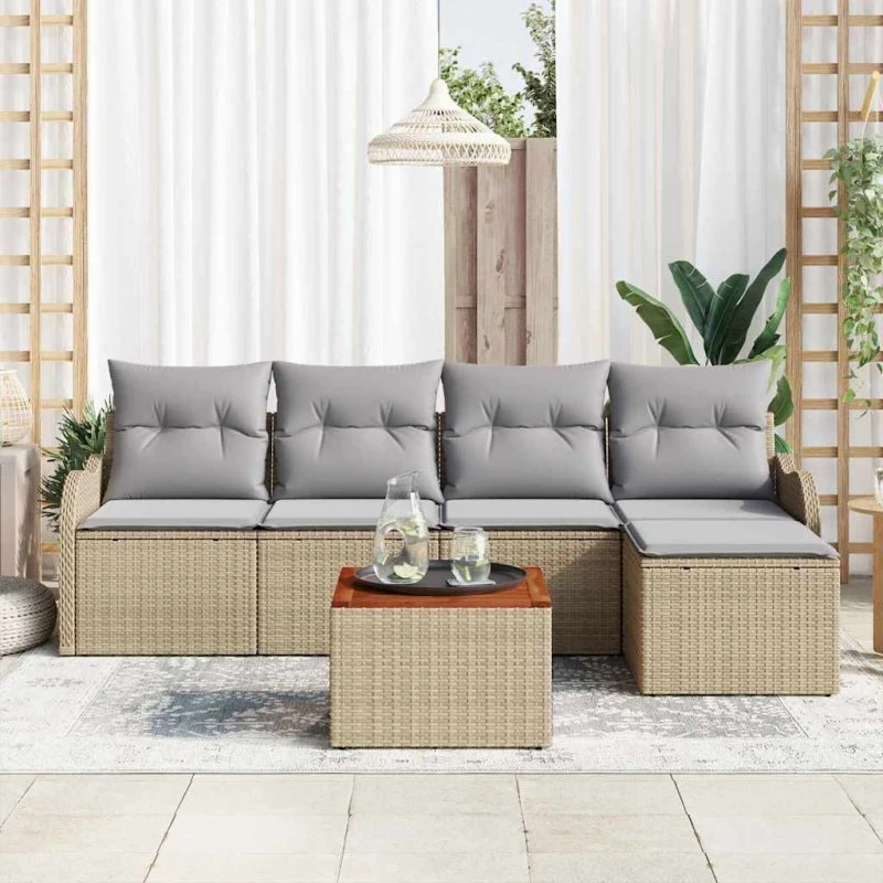 vidaXL Havesofa Sæt 6 stk Beige/Lys Grå Poly Rattan med Opbevaring
