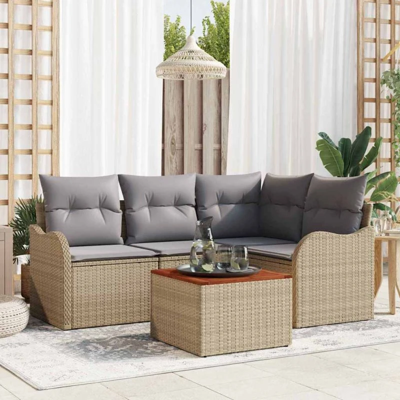 vidaXL Havesofa Sæt 5 pc Beige/Lys Grå Poly Rattan med Opbevaring