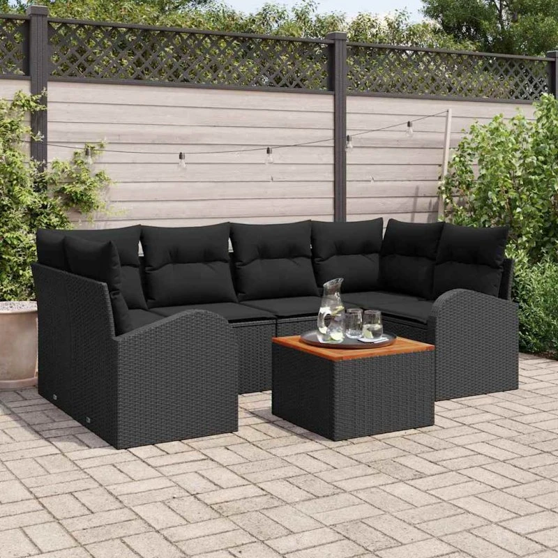 vidaXL Havesofa Sæt 7 pc Sort polyrattan med opbevaring