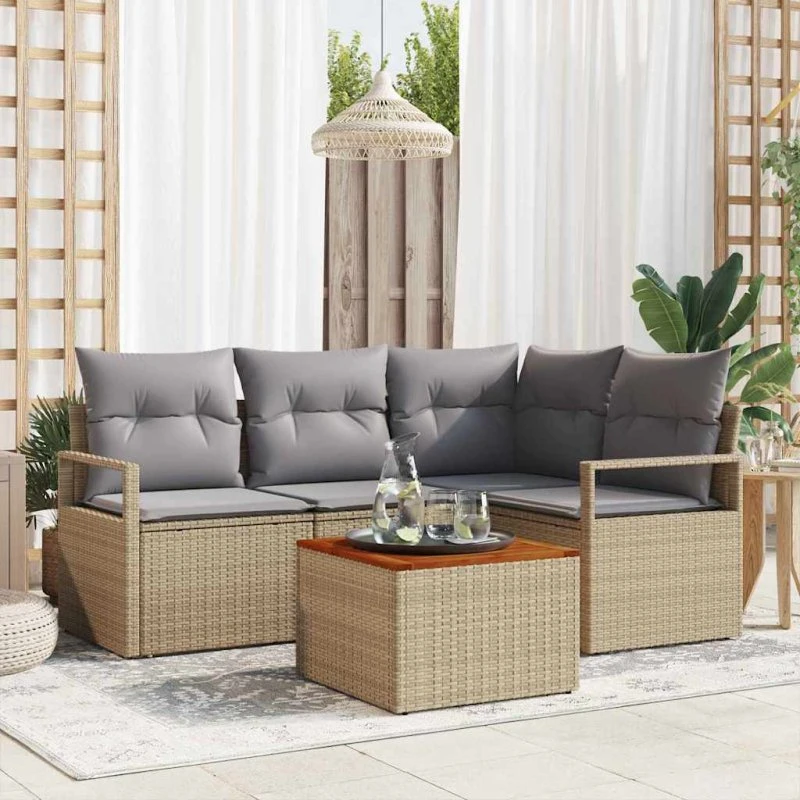 vidaXL Havesofa Sæt 5 pcs Beige og Lys Grå Poly Rattan med Opbevaring