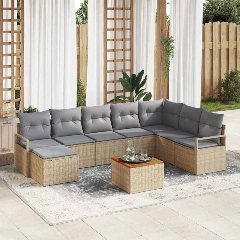 vidaXL Havesofa Sæt 9 stk med opbevaring polyrattan beige og lysegrå