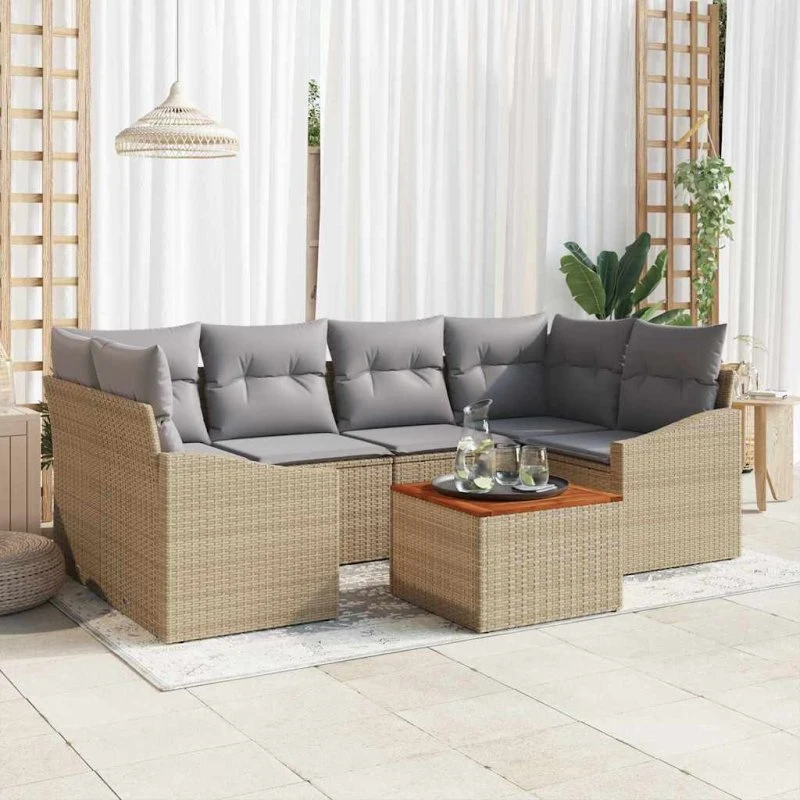 vidaXL Havesofa Sæt 7 pcs Beige/Lys Grå Poly Rattan