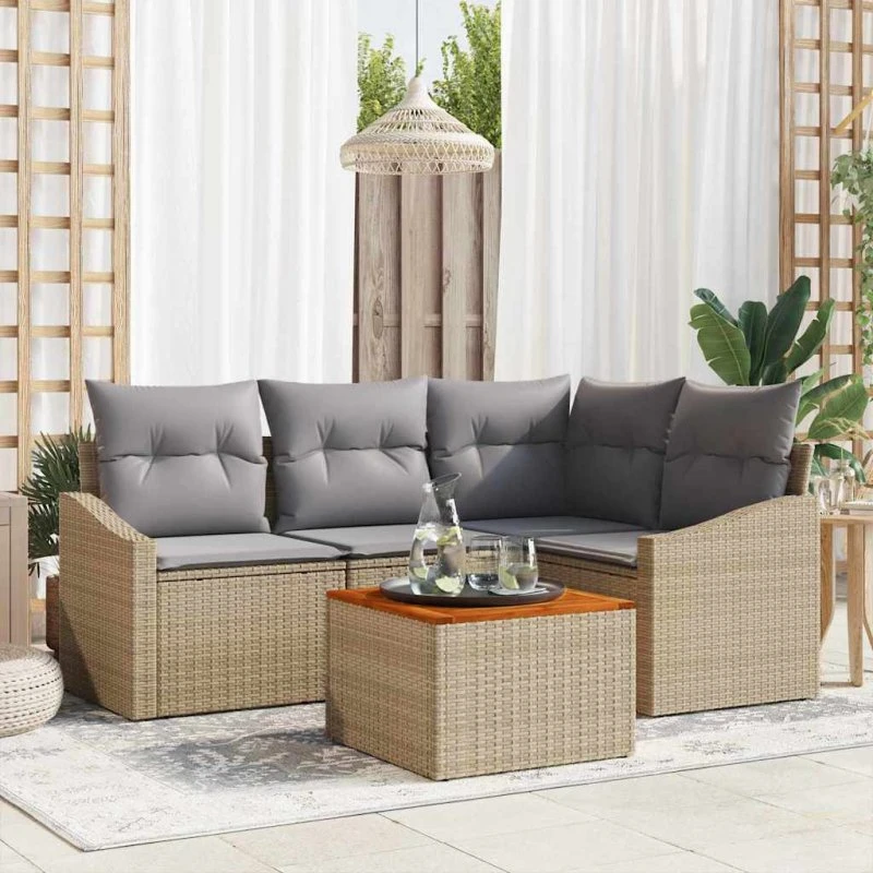 vidaXL Havesofa Sæt 5 pcs Beige/Lys Grå Poly Rattan med Opbevaring