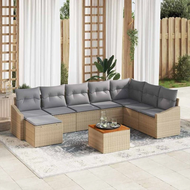 vidaXL Havesofa Sæt 9 pc Beige/Lys Grå Poly Rattan med Opbevaring