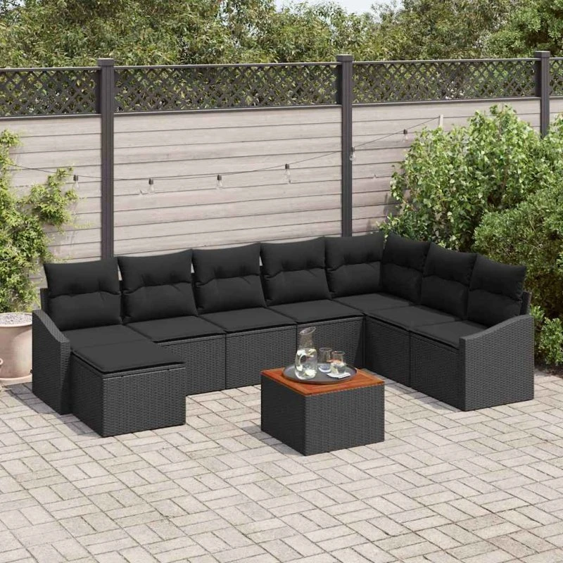 vidaXL Havesofa Sæt 9 pcs Sort polyrattan med opbevaring