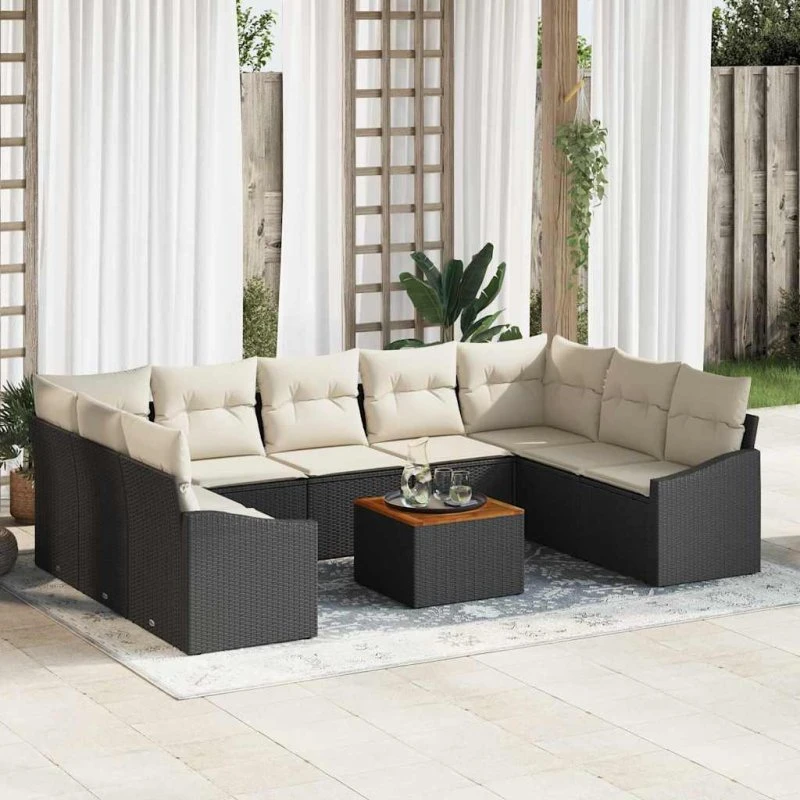 vidaXL Havesofa Sæt 10 pcs Sort og Cream Poly Rattan med Opbevaring