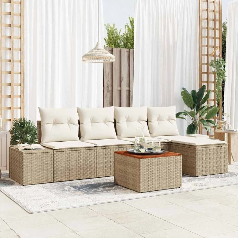 vidaXL Havesofa Sæt 6 pc Beige/Creme Poly Rattan med Opbevaring