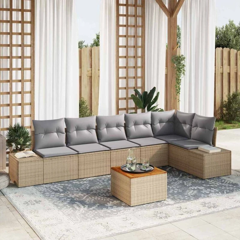 vidaXL Havesofa Sæt 7 del, polyrattan, beige og lysegrå med opbevaring