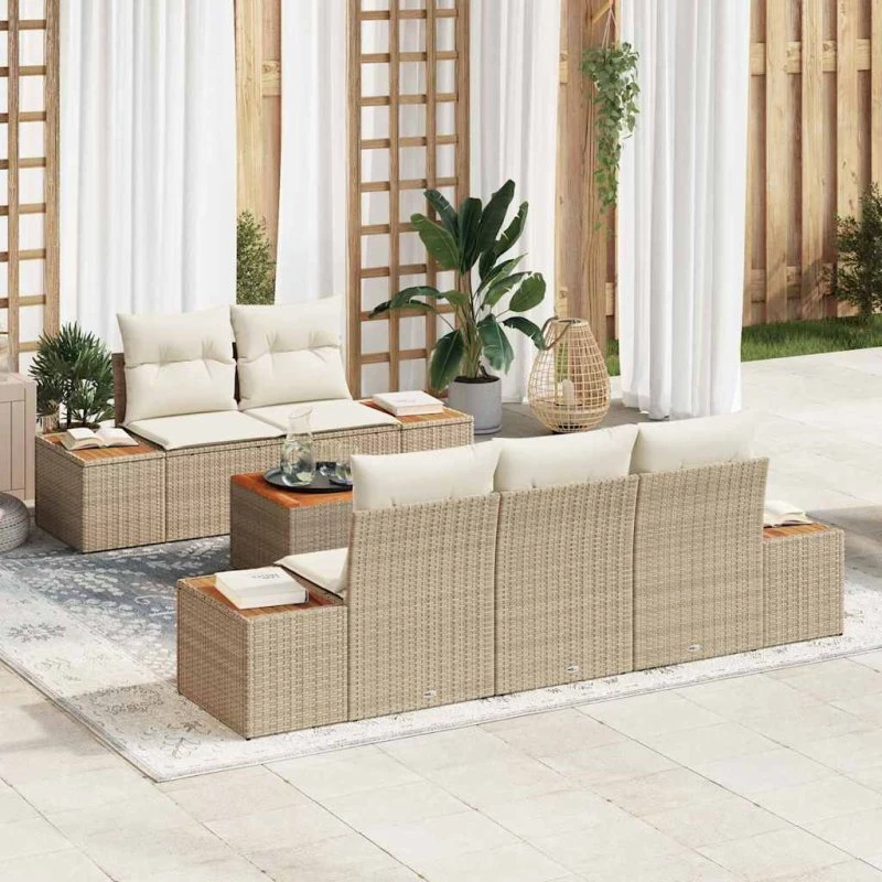 vidaXL Havesofa Sæt 6 stk Beige Poly rattan med opbevaring