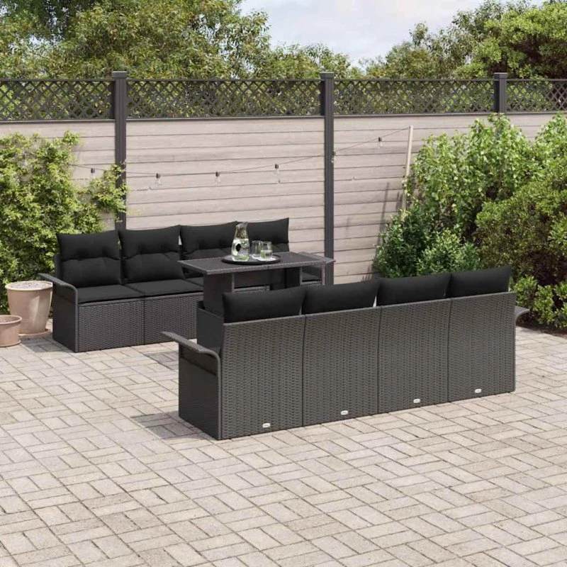 vidaXL Havesofa Sæt 9 pc med Opbevaring, Sort Poly Rattan