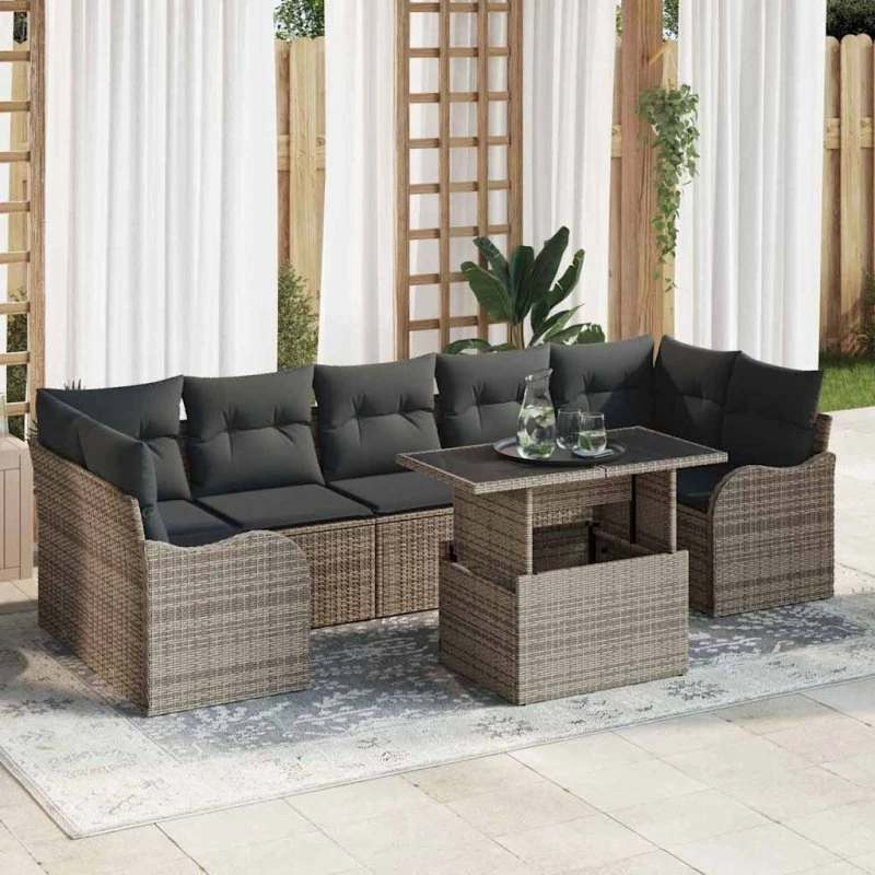 vidaXL Havesofa Sæt 8 pcs Grå Poly Rattan med Pude og Opbevaring