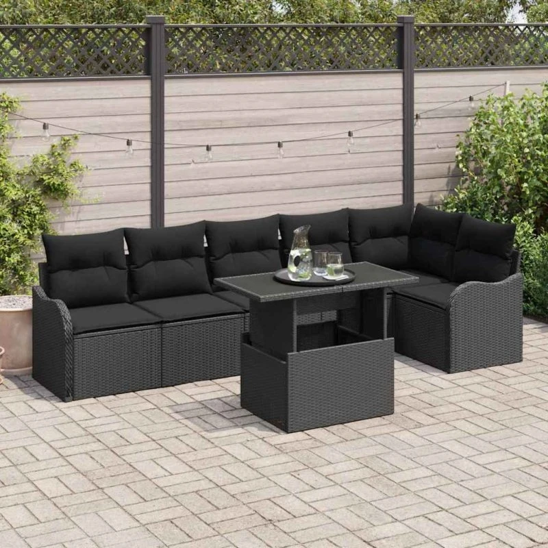 vidaXL Havesofa Sæt 7 stk Sort Poly Rattan