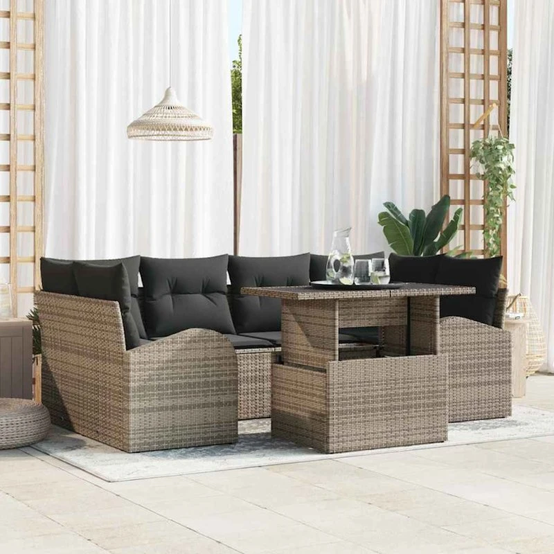 vidaXL Havesofa Sæt 7 pcs Grå Poly Rattan med Opbevaring