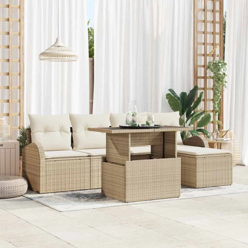 vidaXL Havesofa Sæt 6 pc Beige Poly Rattan med Opbevaring