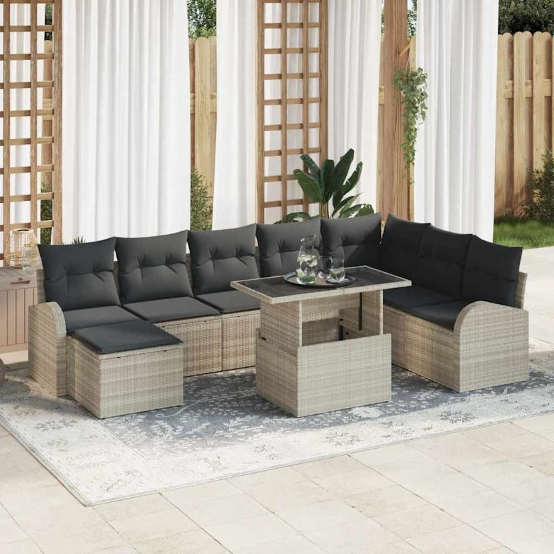 vidaXL Havesofa Sæt 9 pcs Lysegrå Poly rattan med opbevaring