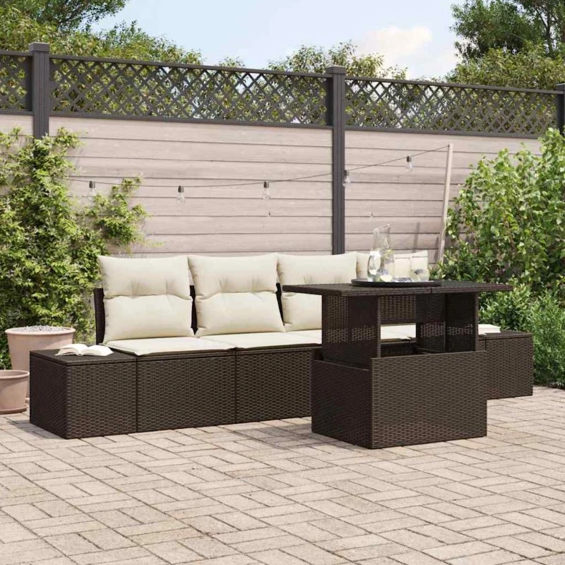 vidaXL Havesofa Sæt 5-pcs Brun/Creme med Opbevaring