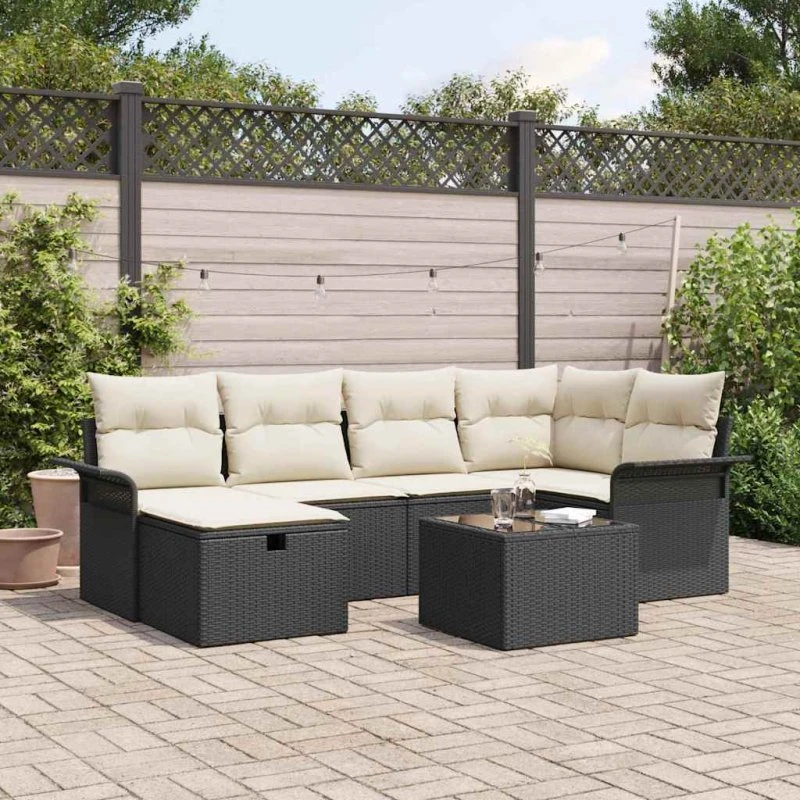 vidaXL Havesofa Sæt 7 pc Sort/Cream Poly Rattan