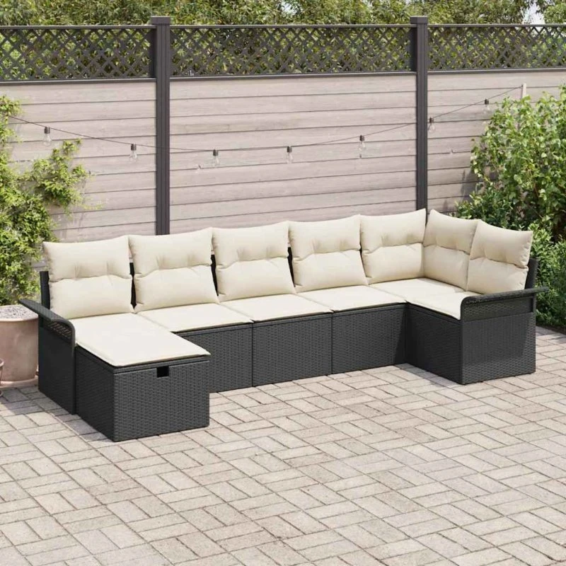 vidaXL Havesofa Sæt 7 pc Sort/Cream Poly Rattan