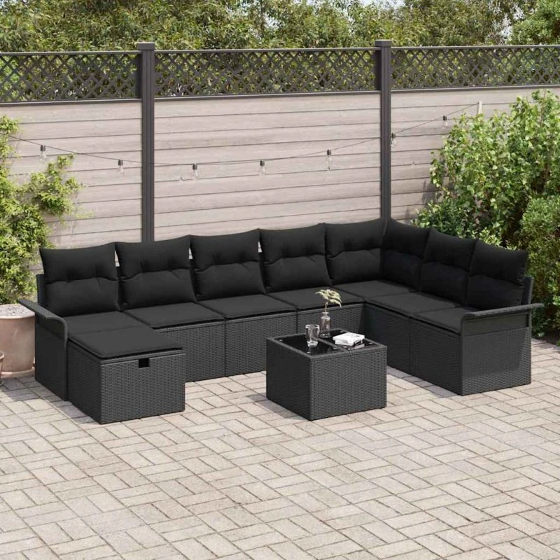 vidaXL Havesofa Sæt 9 stk Sort polyrattan med opbevaring