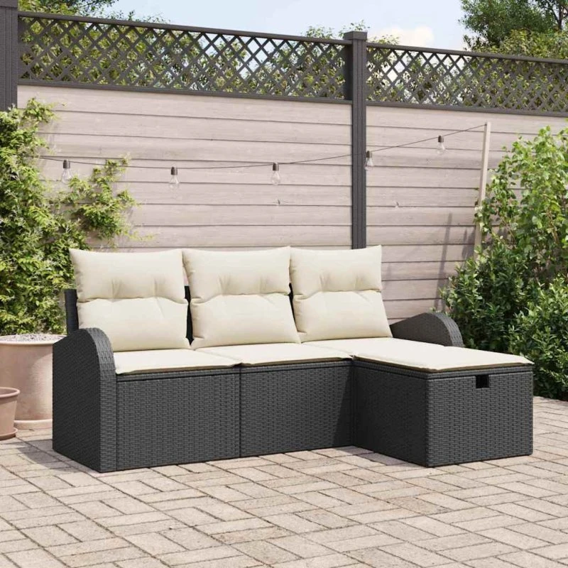 vidaXL Sofa Sæt 4-pcs Sort/Cream Poly Rattan med Opbevaring