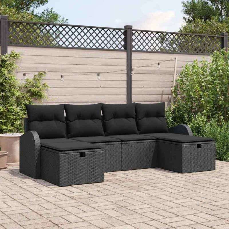 vidaXL Sofa Sæt 6-pcs Sort Poly Rattan med Opbevaring