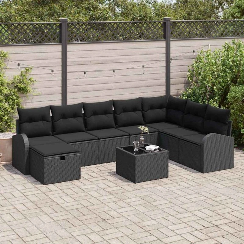 vidaXL Havesofa Sæt med Pude 9 stk, Sort, Poly Rattan