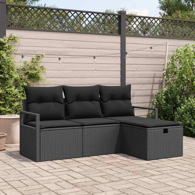 vidaXL Sofa Sæt 4-pc Sort Poly Rattan med Opbevaring